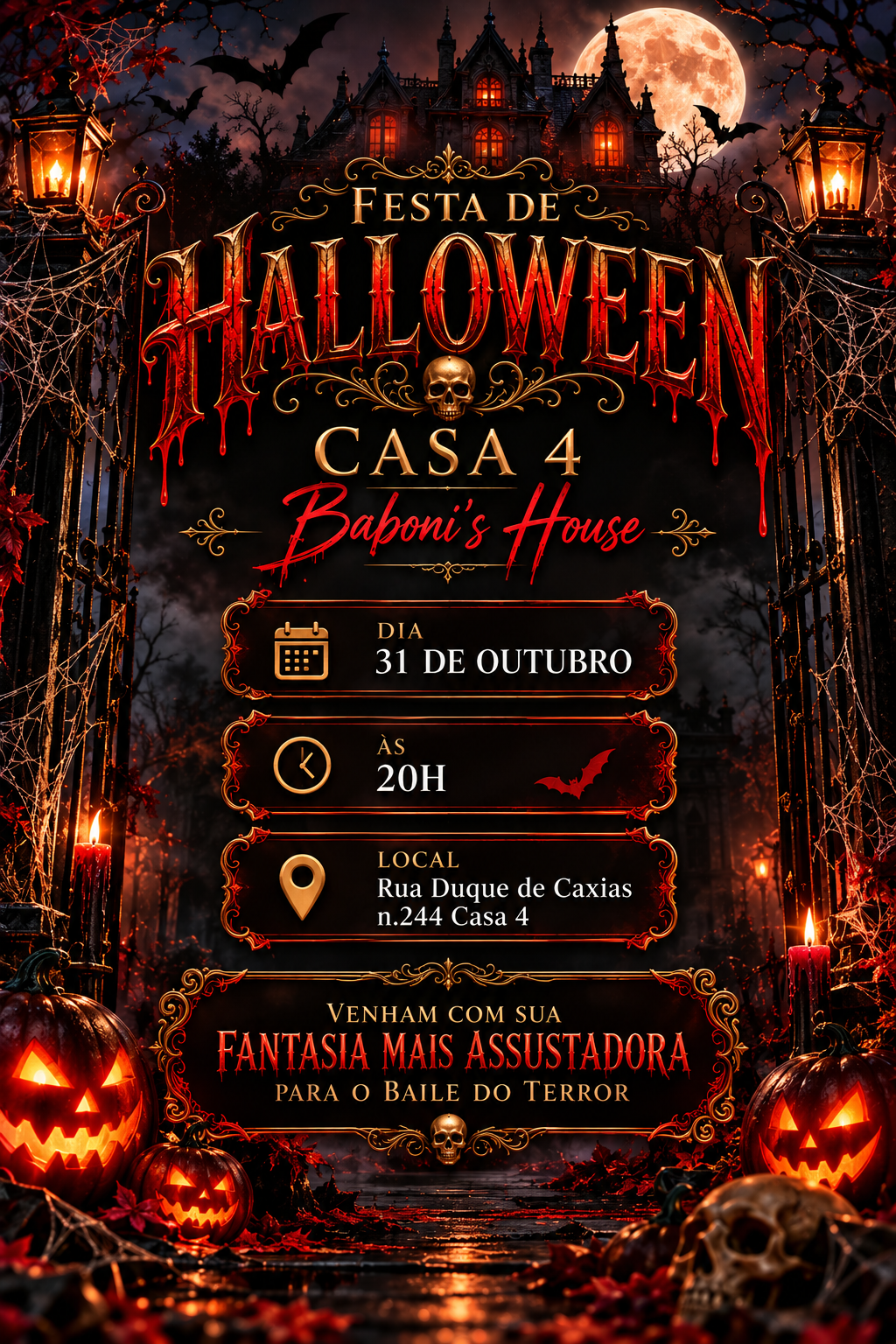 31 de outubro às 20h. Rua Duque de Caxias, número 244, Casa 4. Venham com sua fantasia mais assustadora para o Baile do Terror.